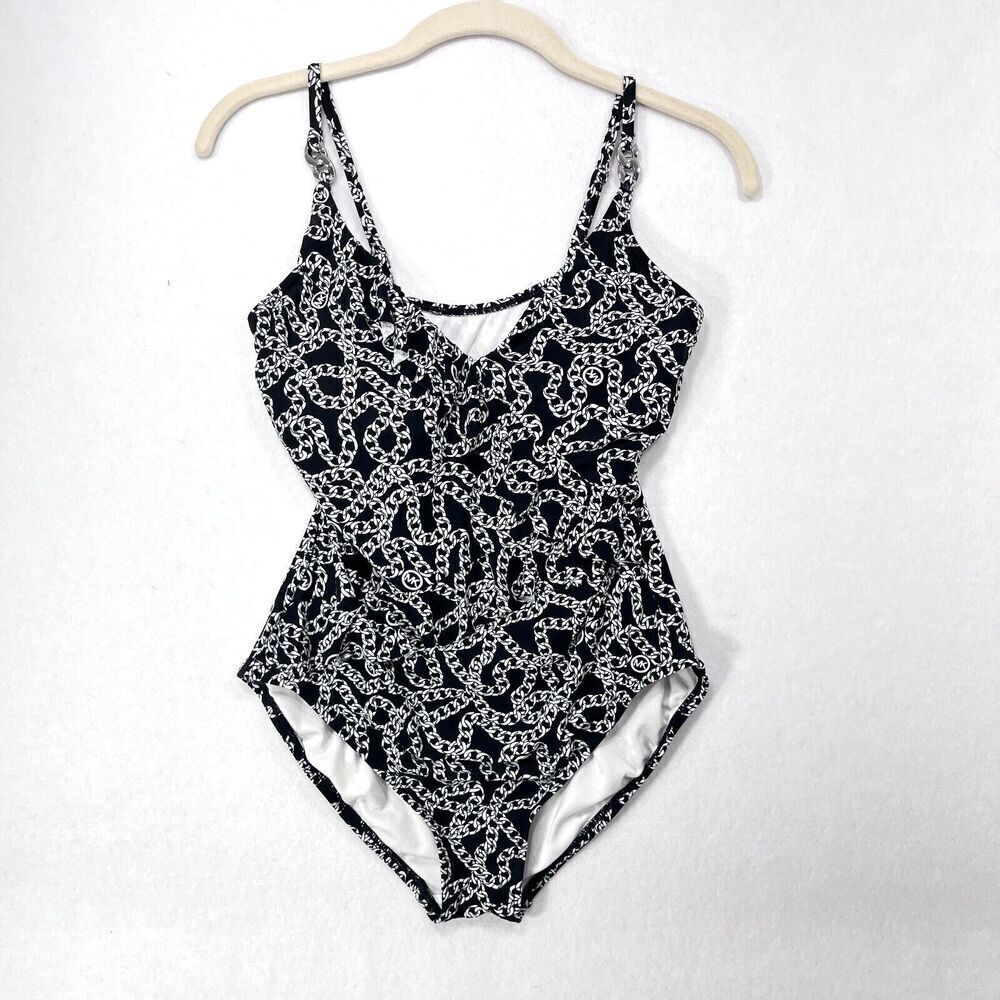 Michael Michael Kors Swimsuit Women 6 Black White One Piece Tank Chain All Over